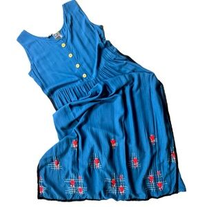 Trad Wife Sleeveless Button Top Embroidered Hem‎ Maxi Dress Jumper Size XL